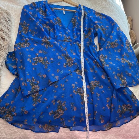 Free People Lilou Printed Mini Dress Fairy Boho Bell Sleeve Cobalt Blue Small - Picture 9 of 12